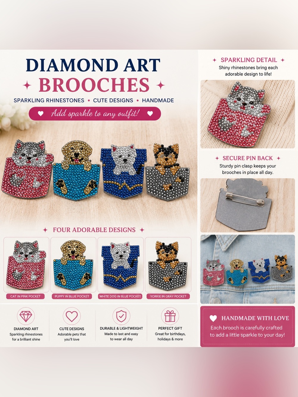 Sparkling Diamond Art Cat & Pet Brooch - Pink, Blue, Gray, Gold